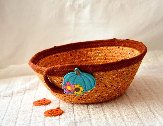 Fall Pumpkin Bowl, 1 Fruit Bowl, Key Holder, Autumn Decor Basket, Handmade Napkin Basket, Artisan Woven Coiled Basket, Fabric Rope Bowl