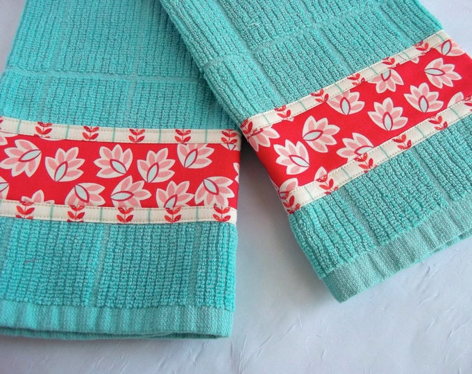 Turquoise Tea Towels Hand Decorated Kitchen Towels Set of Etsy