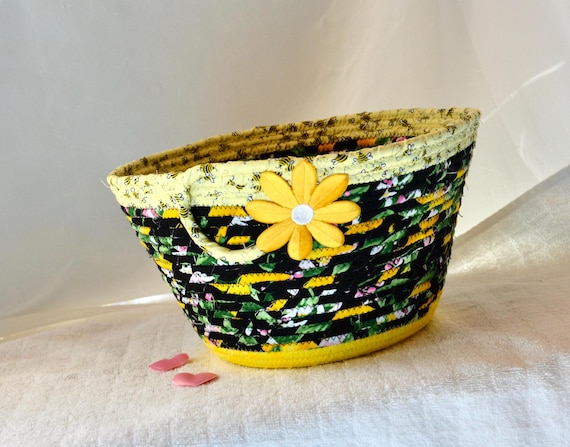 Country Cottage Bowl, Handmade Napkin Basket, Mother Gift Basket, Summer Patio Decor, Lemon Yellow Mail Holder, Black Honey Bee Basket