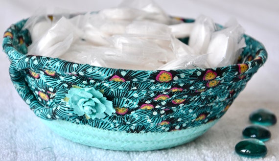 Unique Turquoise Key Bowl, Ring Dish, Gift Basket, Handmade Candy Holder, Hand Coiled Rope Basket, Lovely Fabric Basket