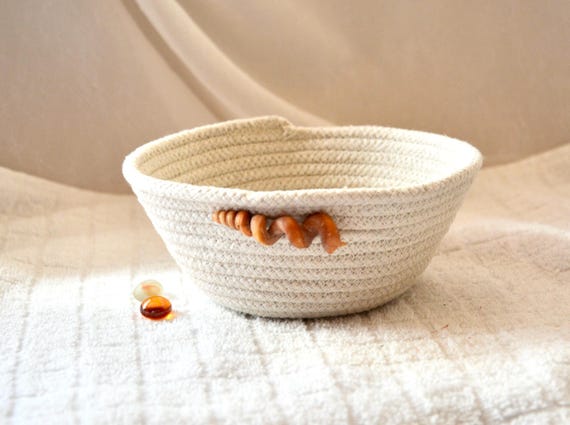 Handmade Rope Basket: Coastal Beach Shell Accent Dish - 6" Small Candy Bowl