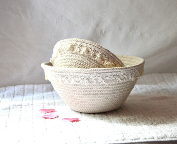 Country Cottage Bowls, Shabby Chic Candy Dishes, 2 Nesting Bowls, Handmade Key Basket Set, Woven Rope Bowl, Small Lacy Baskets