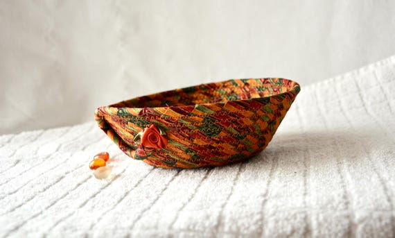 Fall Candy Bowl, Thanksgiving Decor Basket, Earth Tone Key Holder, Country Cottage Bowl, Quilted Fabric Rope Basket, Autumn Gift Basket