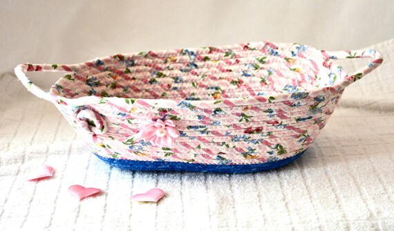 Shabby Chic Floral Basket, Dresser Eyeglass Holder, Handmade Pink Fabric Bowl, Brush Holder, Desk Organizer, Birthday Gift Basket