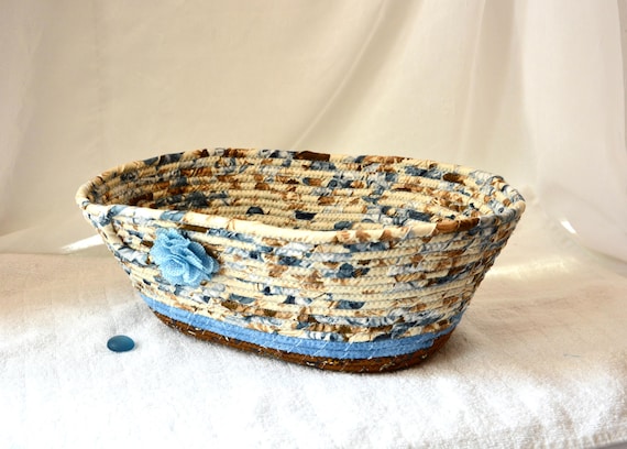 Country Cottage Basket, Shabby Chic Blue Basket, Bath Tissue Holder, Fall Fruit Bowl, Oval Home Decor Basket, Handmade Rose Fabric Basket
