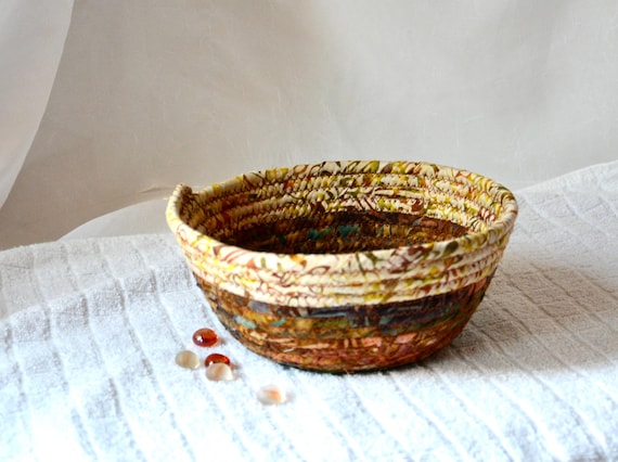 Earth Tone Batik Basket, Gift for him men, Handmade Key Holder, Desk Clip Tray, Fall Change Bowl, Rustic Fabric Rope Basket