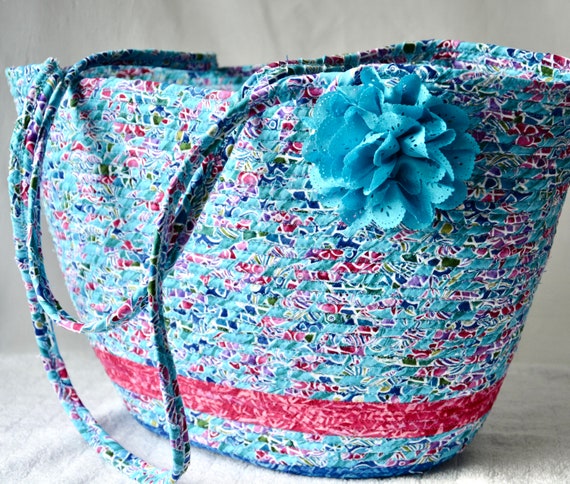 Summer Tote Bag, Beautiful Blue Basket, Handmade Fabric Handbag, Beach Bag, Laptop Computer Case, Gym Bag, Picnic Basket, Mother Gift Idea