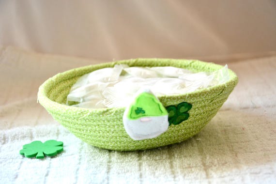 St. Patrick's Day Candy Bowl, Handmade Green Gnome Key Basket, Small Trinket Ring Dish