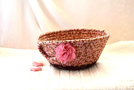 Shabby Chic Basket, Handmade Floral Roses Bowl, Pink Mauve Ring Dish,