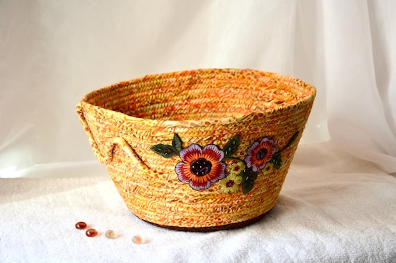 Artisan Crafted Basket, Earth Tone Plant Holder, Handmade Entry Basket, Floral Country Basket, Batik Fabric Storage Organizer,  Gift Basket