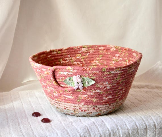 Shabby Chic Rose Basket, Handmade Pink Floral Bowl, BathTissue Basket, Brush Holder, Victorian Cottage Napkin Holder, Gift Basket