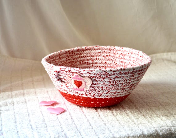 Valentine's Day Gift Basket, 1 Handmade Red Fabric Candy Dish, Cute Teapot Decor Basket