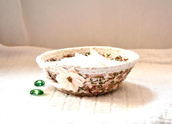 Handmade Cottage Paisley Basket, Country Ring Dish, Beige Candy Dish
