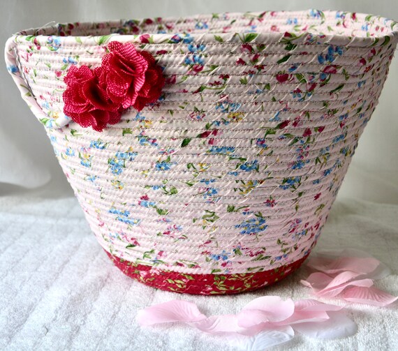 Pink Victorian Rose Basket, Handmade Shabby Chic Basket, Pretty Yarn Holder, Recycle Paper Bin, Plant Holder, Artisan Fabric Rope Basket