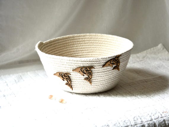 Dolphin Napkin Basket,  Country Rope Bowl, Handmade Key Bowl, Nautical Bread Basket,  Coastal Cottage Bowl, Seashore Fish Decor Bowl