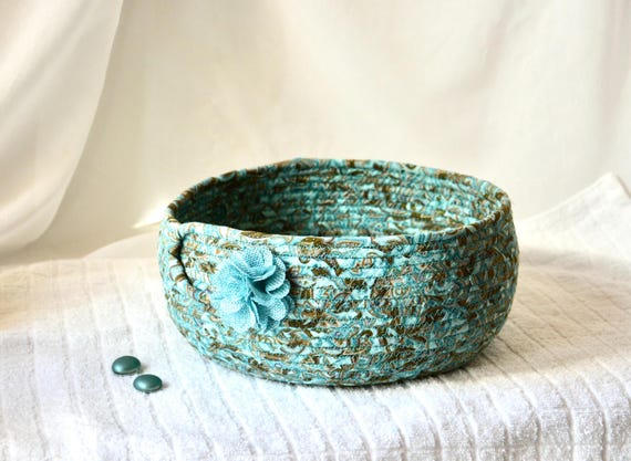 Turquoise Entry Basket, Handmade Quilted Fabric Bowl, Beautiful Textile Art Basket, Fruit Bowl, Mail Bin, Napkin Holder, gift basket