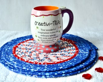 Patriotic Table Mats, 3 Table Toppers. Place Mats, Handmade Red White and Blue Trivets, Quilted Hot pad, Potholder, Coiled Rope Mat