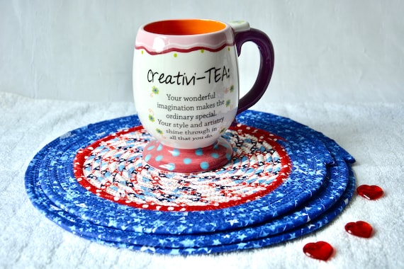 Patriotic Table Mats, 3 Table Toppers. Place Mats, Handmade Red White and Blue Trivets, Quilted Hot pad, Potholder, Coiled Rope Mat