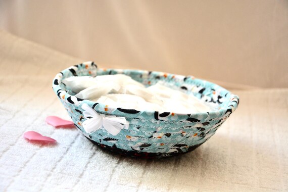 Blue Snowflake Basket, Handmade Quilted Fabric Bowl, Decorative Candy Dish