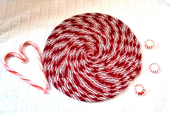 Red Swirl Fabric Trivet, Coiled Rope Hot Pad, Christmas Decor