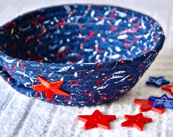 Handmade Patriotic Quilted Fabric Basket, Red White Blue Catchall Dish, Candy Bowl
