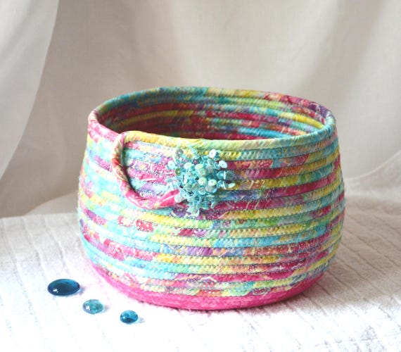Textile Art Basket, Tropical Pink Aqua Basket, Handmade Batik Fabric Basket, Gorgeous Display Bowl, Bath Tissue Holder, Unique Gift Basket