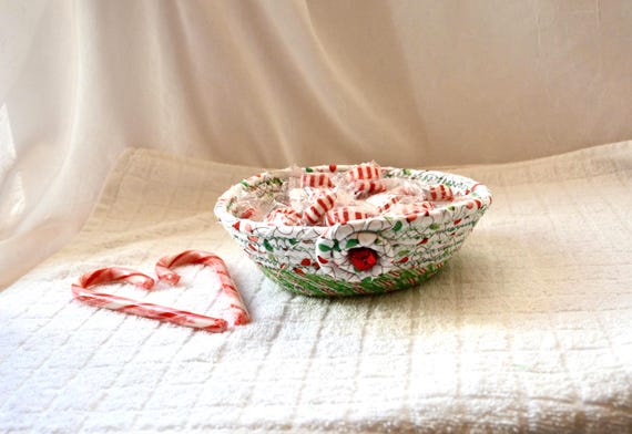 Cute Christmas Lights Candy Bowl, 1 Handmade Holiday Fabric Basket, Key Dish, Small Trinket Tray