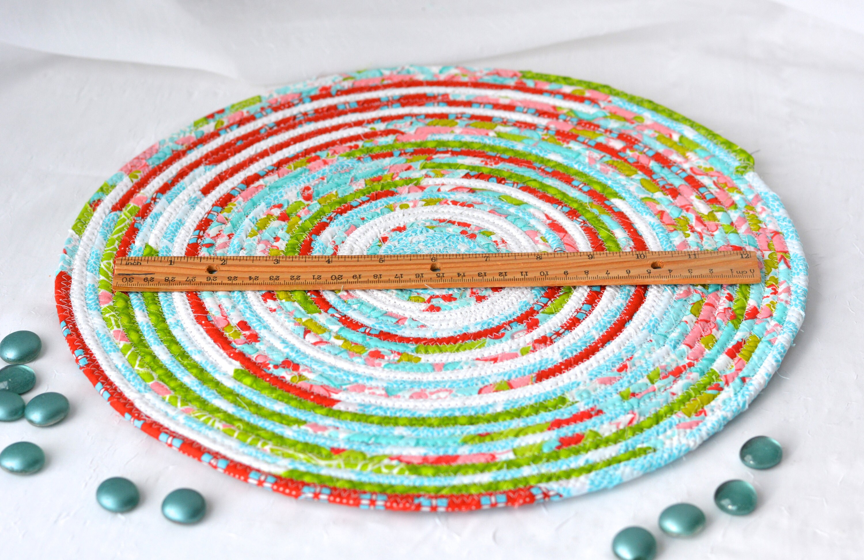 Turquoise Place Mat, Picnic Table Mat, Handmade Aqua and Red Trivet
