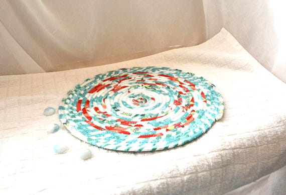 Turquoise and Red Place Mat: Handmade Coiled Fabric Rope Trivet