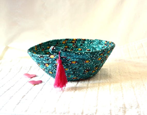 Turquoise Candy Dish, 1 Handmade Aqua Blue Fabric Bowl, Fun Gift Basket, Small Key Holder, Country Cottage Teal Bowl, Hot Pink Tassel Basket