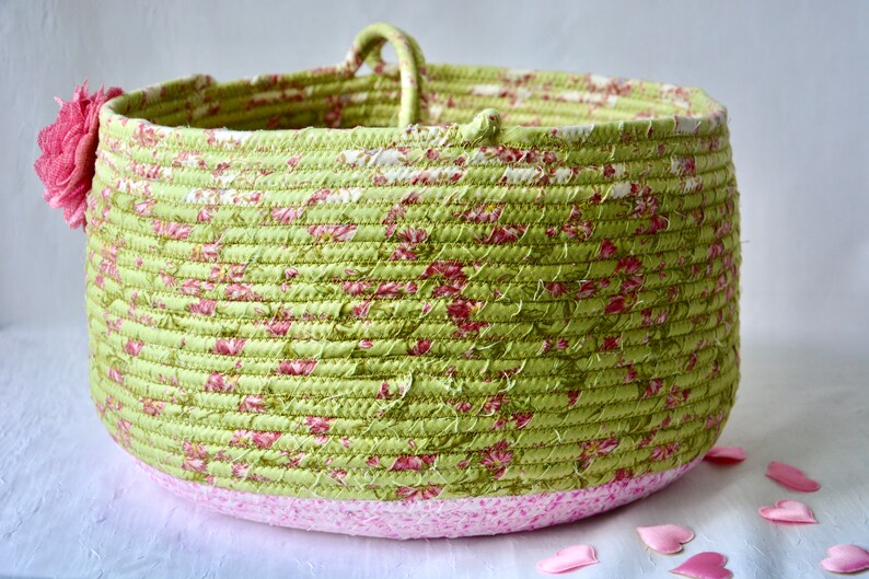 Green Fabric Basket Yarn Storage Container Handmade Floral Etsy