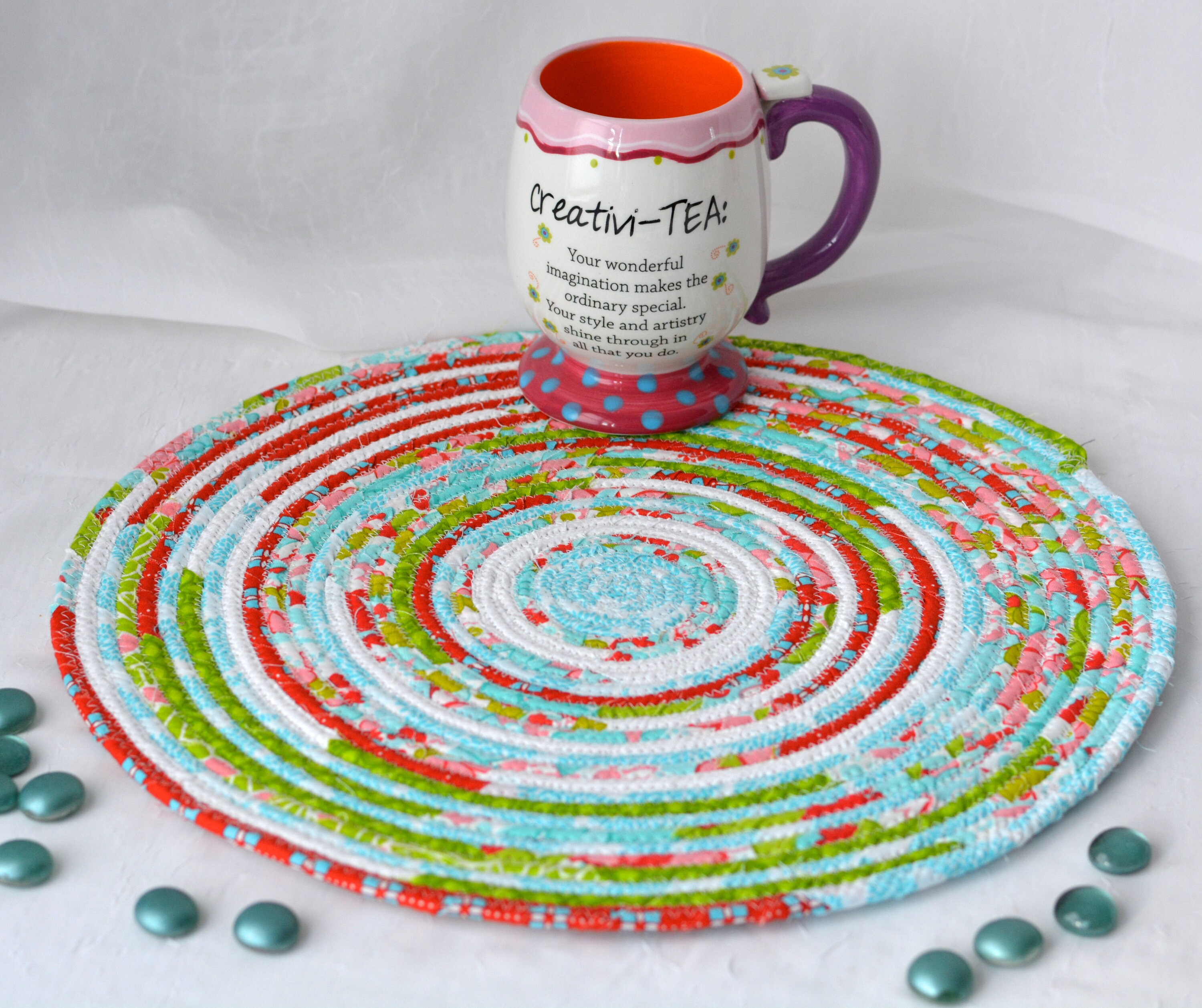 Turquoise Place Mat, Picnic Table Mat, Handmade Aqua and Red Trivet