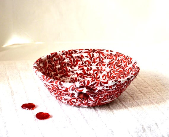 Christmas Candy Bowl: Handmade Decorative Holiday Red Woven Fabric & Rope Basket