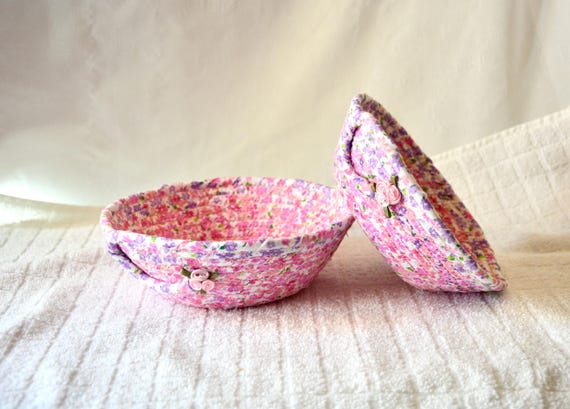 Country Cottage Bowls, Pink Candy Dishes, 2 Nesting Bowls, Handmade Key Basket Set, Pretty Ring Dish, Mother's Day Gift, Fabric Rope Basket