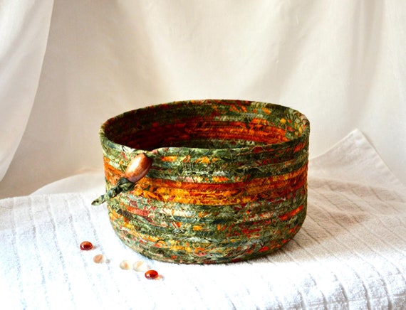 Fall Artisan Bowl, Handmade Gift Basket, Autumn Batik Fabric Basket, Country Yarn Holder, Rustic Olive Green Bowl, Textile Art Basket