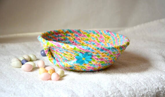 Summer Candy Bowl, Handmade Pink Dish, Small Key Dish, Charming Potpourri Bowl, Ring Bowl, Unique Fabric Rope Basket