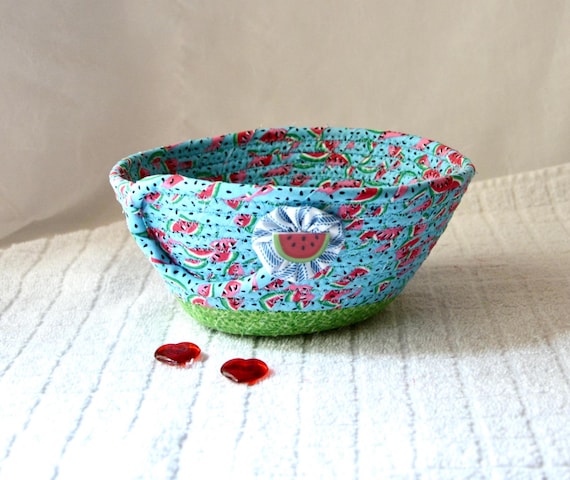 Watermelon Picnic Basket, Blue Patio Party Bowl, Handmade Fabric Bowl, Summer Candy Dish, BBQ Cookout Gift Basket, Outdoor Decor Bowl