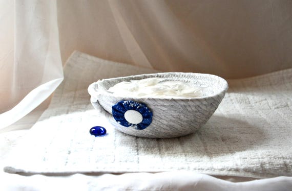 Silver White Candy Dish, Holiday Decor Basket, Handmade Fabric Rope Bowl, Small White Ring Tray