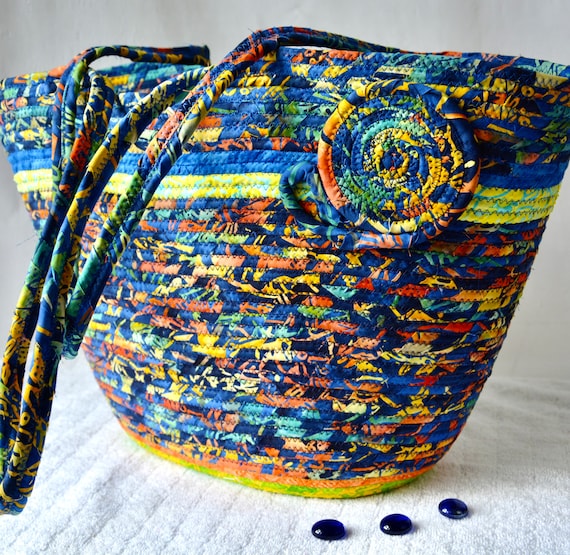 Blue Batik Tote Bag, Summer Picnic Basket, Laptop Case, Book Magazine Holder, Handmade Batik Fabric Basket, Lovely Quilted Gift Basket