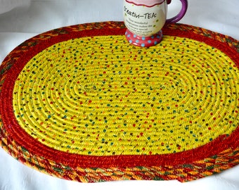 Large Table Mat, Modern Table Topper, 1 Handmade Oval Trivet, Potholder, Table Runner, Fabric Rope Hot Pad, Orange Red Place Mat