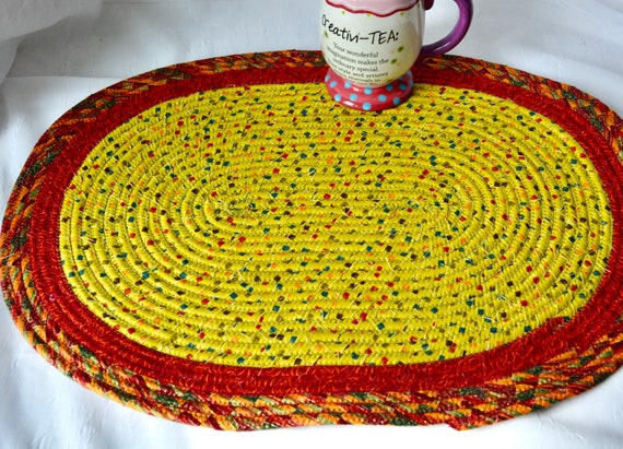 Fall Table Trivet, Autumn Table Topper, 1 Handmade Oval Table Mat, Potholder, Table Runner, Fabric Rope Hot Pad, Orange Red Place Mat