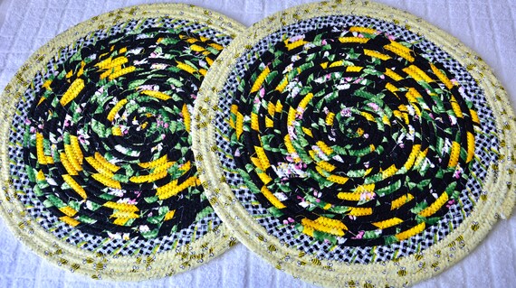 Summer Table Mats, 2 Place Mats, Lemon Yellow Trivets, Handmade Bumble Bee Hot Pads, Potholders, Table Topper or Runner, Gift for her