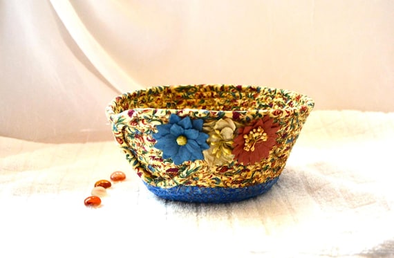 Blue Floral Key Bowl, Small Fabric Basket, Ring Dish, 1 Handcrafted Candle Holder, Hand Coiled Rope Basket
