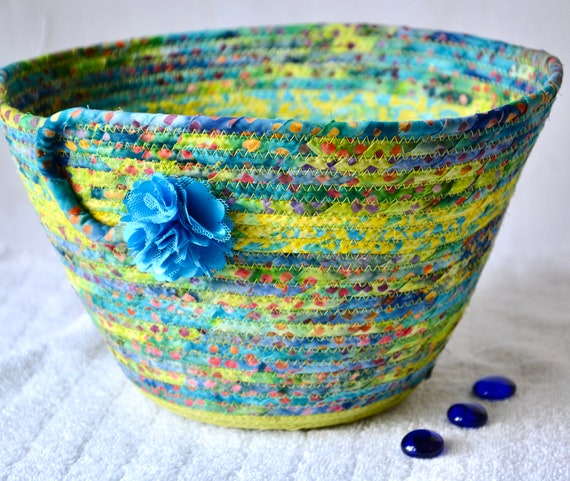 Modern Blue Basket, Handmade Batik Fabric Basket, Decorative Bowl, Family Room Remote Bin, Napkin Holder, Unique Gift Basket,