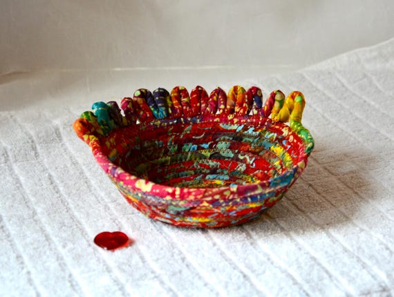 Red Artisan Basket, Unique Candy Bowl, Boho Batik Fabric Basket, Handmade Bath Soap Holder, Potpourri Bowl, Whimsical Woven Basket