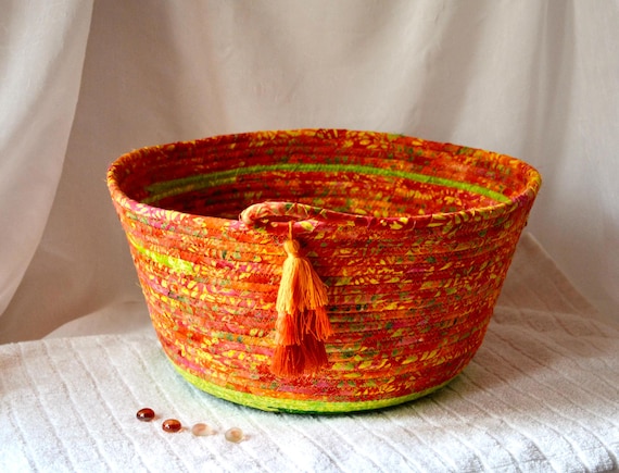 Fall Orange Batik Basket, Handmade Batik Fabric Basket, Vibrant Halloween Bucket, Bath Tissue Holder, Textile Art Basket, Plant Holder