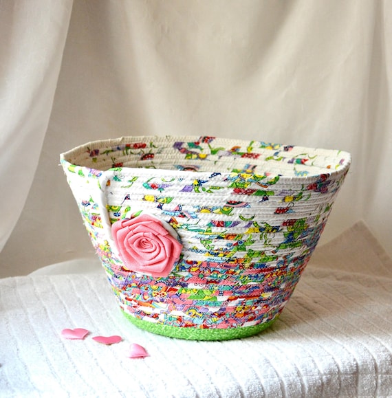 Patio Floral Basket, Handmade Handled Basket, Pretty Yarn Holder, Porch Pillow Bin, Plant Holder, Waste Paper Basket, Coiled Fabric Basket