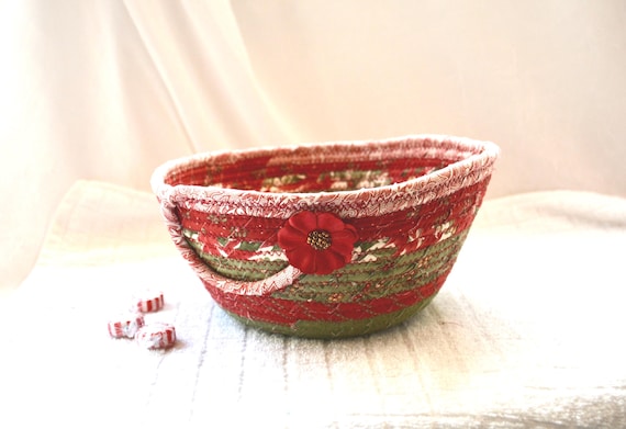 Handmade Red Holiday Bowl, Christmas Card Basket, Quilted Fabric