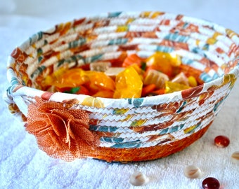 Country Fruit Bowl, Terracotta Napkin Basket, Handmade Candy Bowl, Small Key Bowl, Unique Gift Basket, Beige Fabric Rope Basket