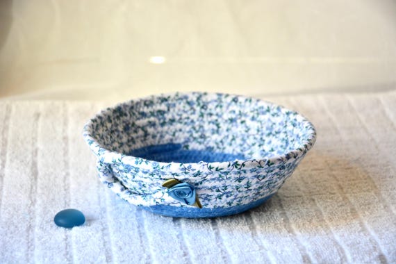 Shabby Chic Basket, Blue Roses Key Holder, Small Fabric Bowl, Sweet Country Ring Dish, Handmade Jewelry Tray, Hand Coiled Rope Basket
